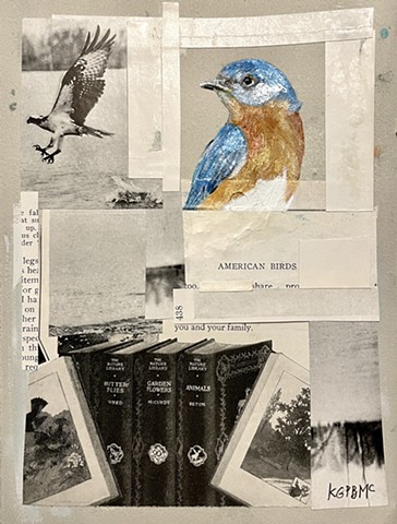 Blue Bird, Hawk, Books, mixed media