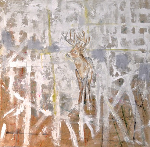 Deer, Buck, Antlers Painting on Linen by Atlanta Artist, Katherine Bell McClure