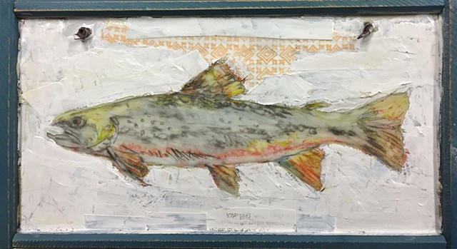 rainbow trout Fishing painting with fishing rod by Katherine Bell McClure KGPBMc