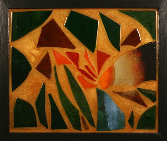 Epoxy resin mosaic with stained and enameled glass.