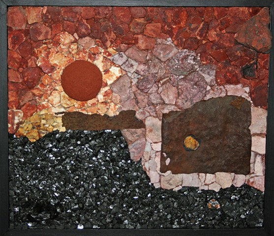 Abstract Mixed Media Wall Relief of a Northeastern Pennsylvania (Marvine Colliery) coal mine sunset. 