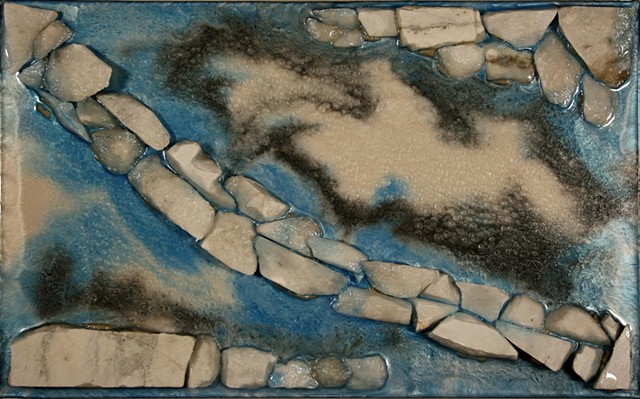 Medium: Mixed Media Relief (birch plywood, marble, adhesive, epoxy resin, mica powders, acrylic paint) Abstraction of the ice forms and water of a winter stream. 