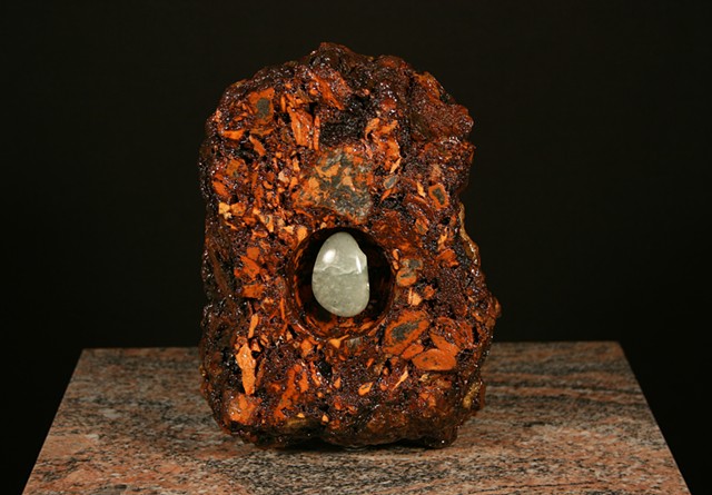 First piece in mixed media Geode Series utilizing burnt anthracite culm ash and green steatite.