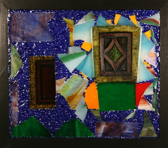 hanging mixed media mosaic, Mixed Media Mosaic (wood, acrylic paint, antique stained glass, stained glass, glass frit, epoxy resin) Denis A. Yanashot Sculptor, Scranton, PA, member ISC, 