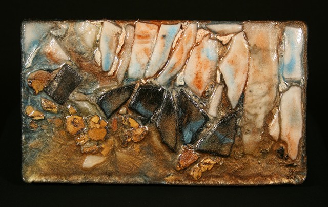 This is a mixed media wall hanging relief consisting of plywood, marble, anthracite burnt culm, adhesives, mica powder and epoxy resin.