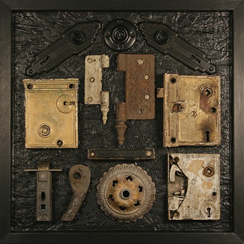 Dark Home is a hanging wall relief composed of wood, antique objects, construction adhesive and acrylic paint.