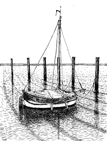 Ink drawing of a sailboat in Hamburg, Germany