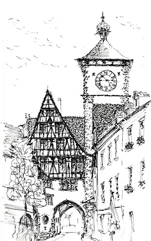 Pen and ink drawing of street in Freiberg Germany 