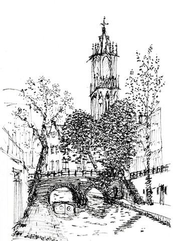 Pen and ink drawing of Dom Tower and canal in Utrecht, Netherlands 