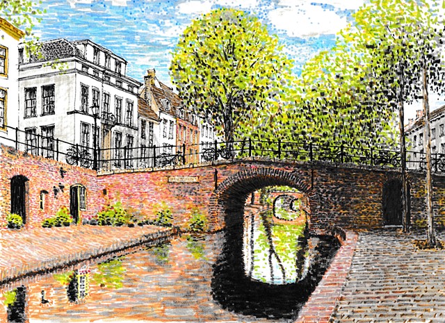 Pen and ink drawing of Nieuwegracht canal in Utretch Netherlands