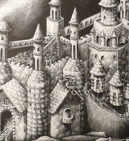 fantasy floating castle bubble stairs black and white scratchboard 