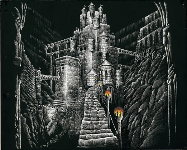 fantasy castle scratchboard black and white