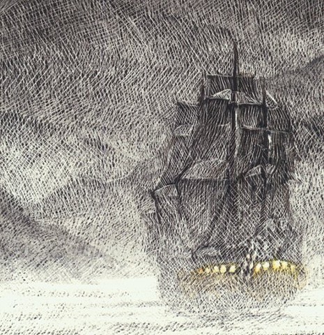 nautical mystery art, ghost ship, sailing away to home, winter art