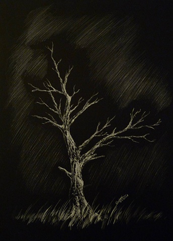 fantasy lone tree black and white scratchboard