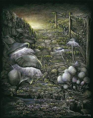 Enchanted forest mushrooms path pathways dreamlike art