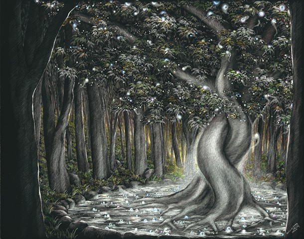 Enchanted Forest, Intertwined trees, interlocked trees, pair of trees, fairy art