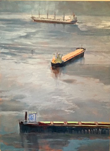 greyer, ship painting, freighter painting, shgips at anchor art, 