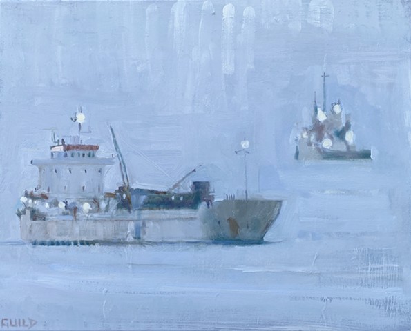 freighters at sea, marine art, ship paintings, ship art, atmospheric art