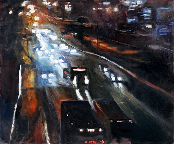 nightime painting of traffic on Interstate 95 Connecticut painting of truck