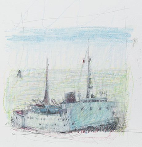 oil pastel drawing of freighter, oil pastel drawing of ship