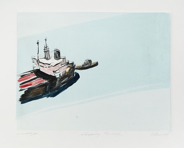 monotype of freighter, monotype of tanker