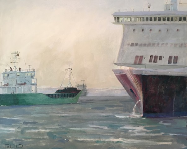 three ships, ship paintings, freighters, navigation