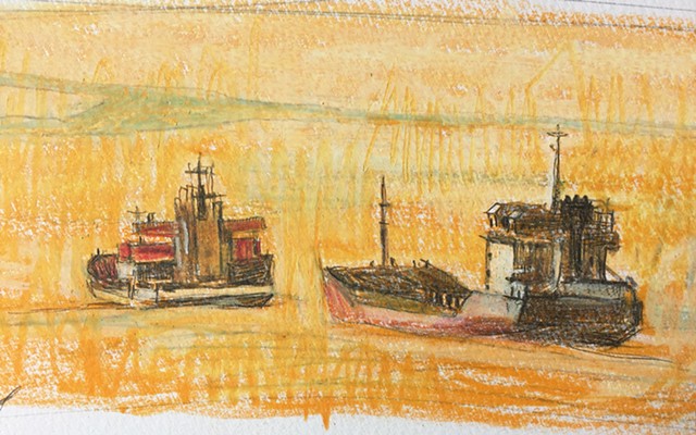 drawinf of two ships in an orange sea