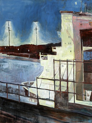freighter at dock, ship painting, marine art