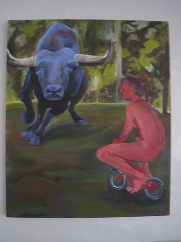 Trickster red devil with blue bull