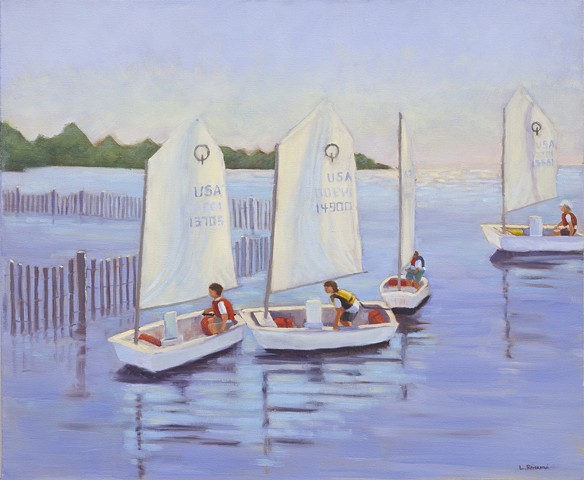 Oil painting of LBI Optimist Dingy sailors by artist Lori Bonanni