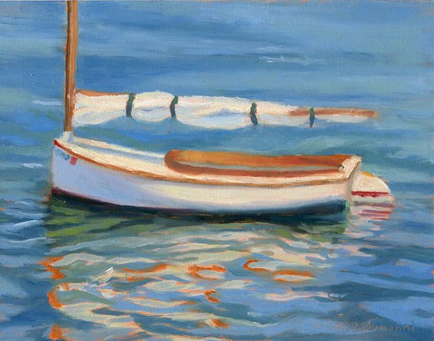 Oil painting of our Sandpiper Catboat "Lil Lulu" on Barnegat Bay by LBI Artist Lori Bonanni
