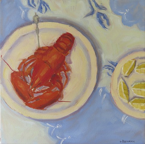 Still life of LBI summer lobster feast by artist Lori Bonanni