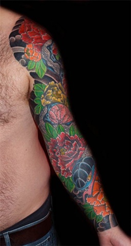 Snake and peony full sleeve cover up japanese tattoo japanese tattoo irezumi horimono wabori fil wood