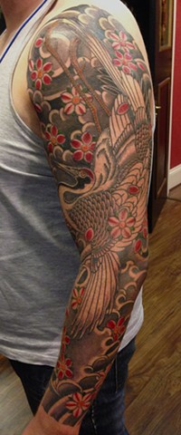 Crane full sleeve with Cherry Blossom japanese tattoo irezumi horimono wabori fil wood