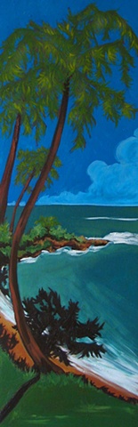 Oil painting of shaded Carribean shore by Maggie Wolszczan