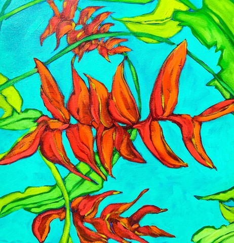 Art Margaux, heliconia, tropical flowers, oil painting, wolszczan