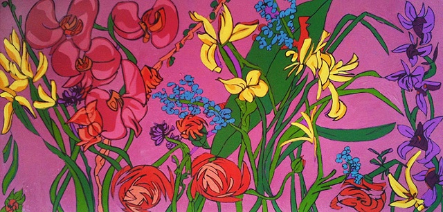 Oil and acylic painting of many flowers by Maggie Wolszczan