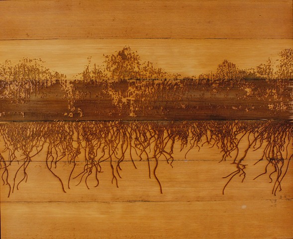 a drawing referencing forest fires by Michael Boonstra using laser engraved wood and acrylic