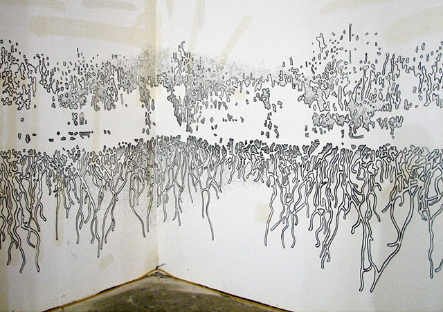 A wall drawing by Michael Boonstra referencing a forest fire.