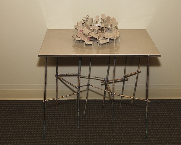  Brian McNearney, Design Museum, acrylic, plastic furniture, Plexiglas, bamboo, raw pigment 36 x 32 x 24 inches 2011