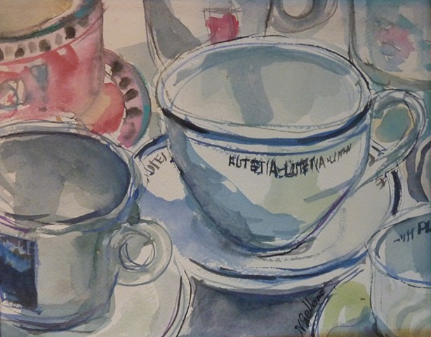 coffee, teacup, blue, watercolor,