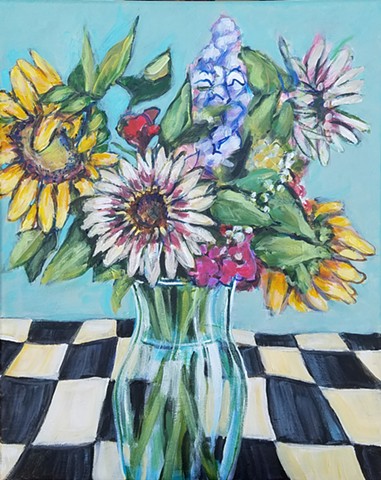 flowers, sunflowers, checkers, still life, floral
