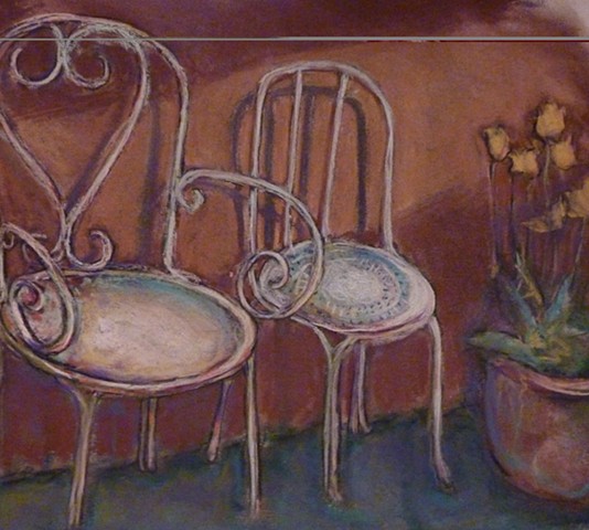 chairs, wrought iron, brown, sunlight, shadow, flowers