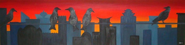 Imagined Mumbai skyline with crows. Painted in oil by Jenn Jordan.