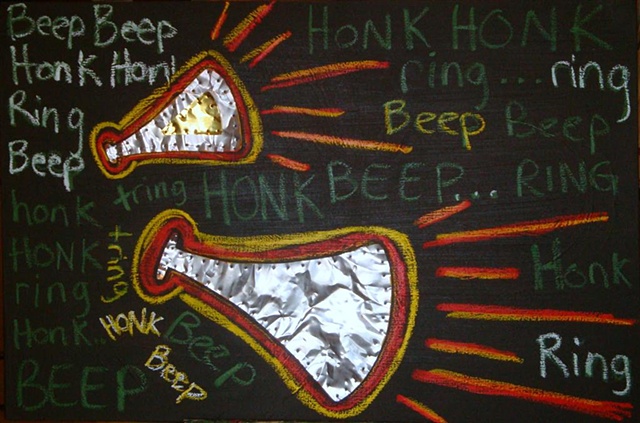 Original homage to 'horn o.k., please'. Painted in oil with aluminum and string by Jenn Jordan.