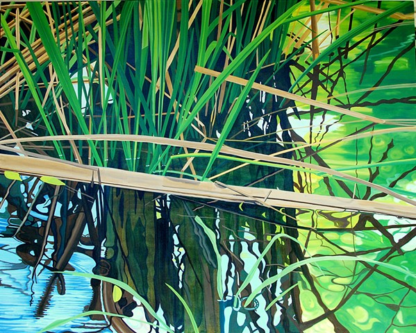 Large oil painting lake grasses