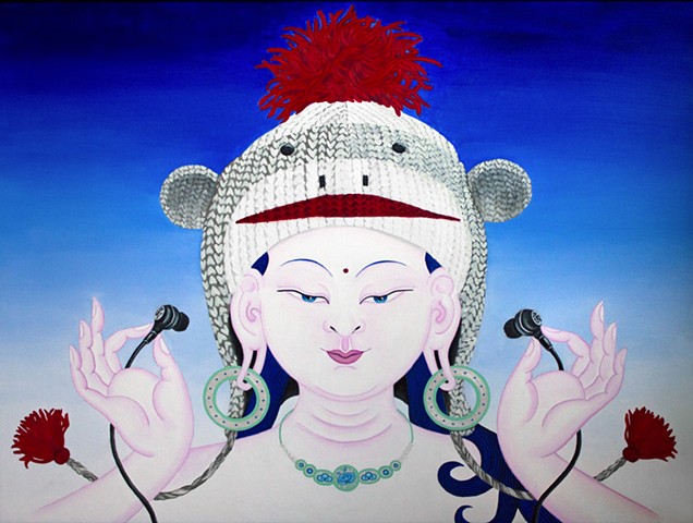 bodhisattva, bodhisattva of whimsy, sock monkey hat, sock monkey goddess, tara, buddhist goddess with sock monkey hat, goddess with headphones, buddhist goddess with headphones, oil on canvas, contemporary buddhist painting, contemporary thangka painting