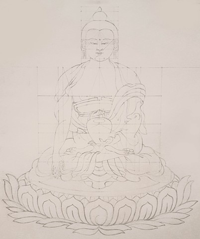 buddha, robed, buddha sitting in lotus, lotus throne, drawing, pencil drawing of buddha, thangka drawing, grid drawing, sakyamuni, siddhartha