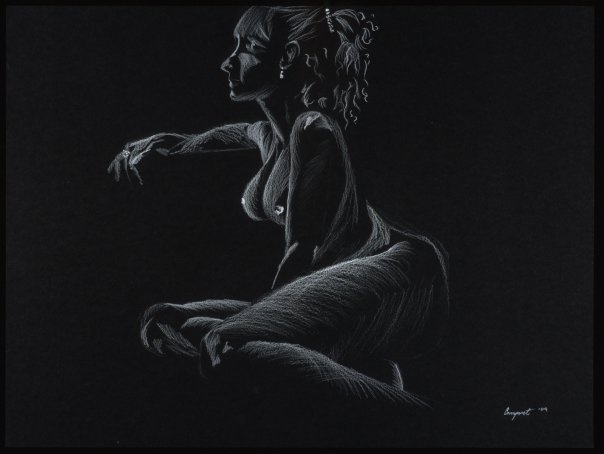 rache, nude figure, colored pencil, black paper, black and white, woman, female