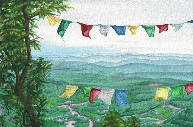 watercolor on paper of Dharamsala valley in Himachal Pradesh India with Tibetan prayer flags